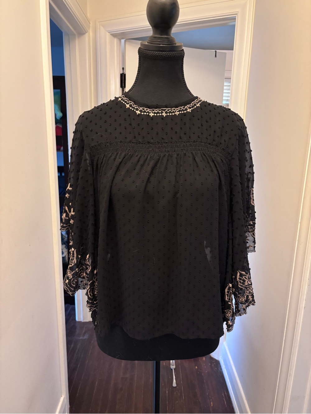 Zara Sheer Black Embroidered Bell Sleeve Blouse